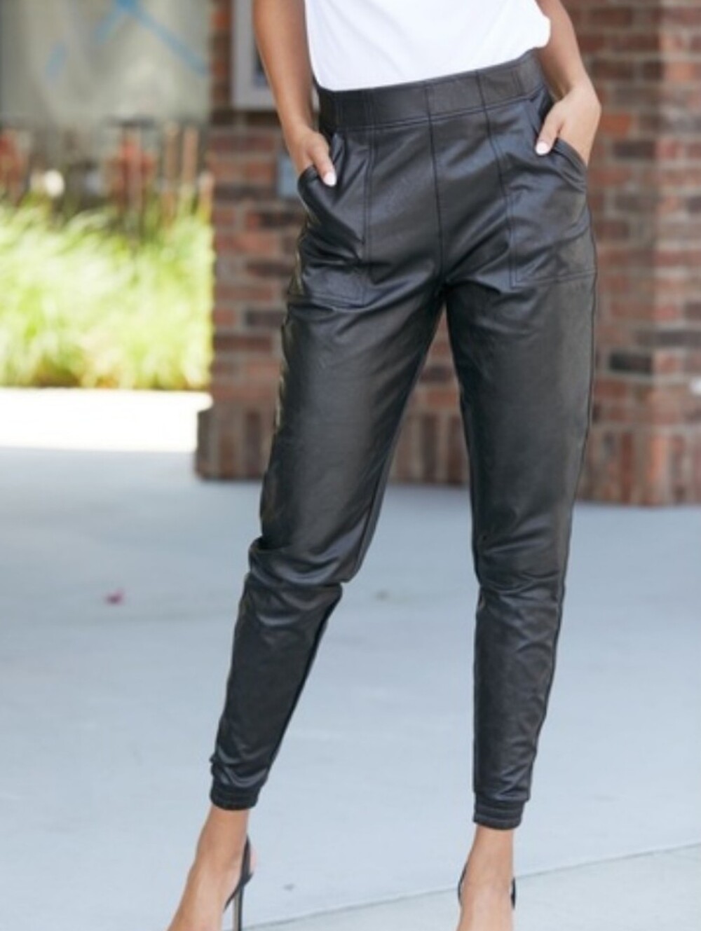 SPANX Black Faux Leather Joggers Suare Front Pockets